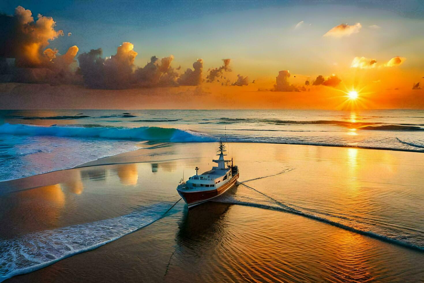a boat on the beach at sunset. AI-Generated photo