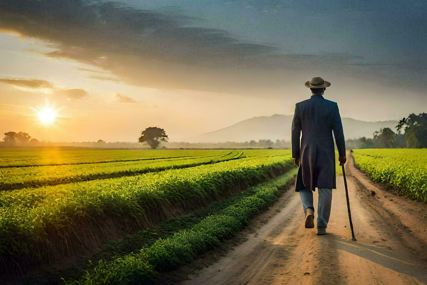 a man in a hat and cane walking through a field. AI-Generated photo