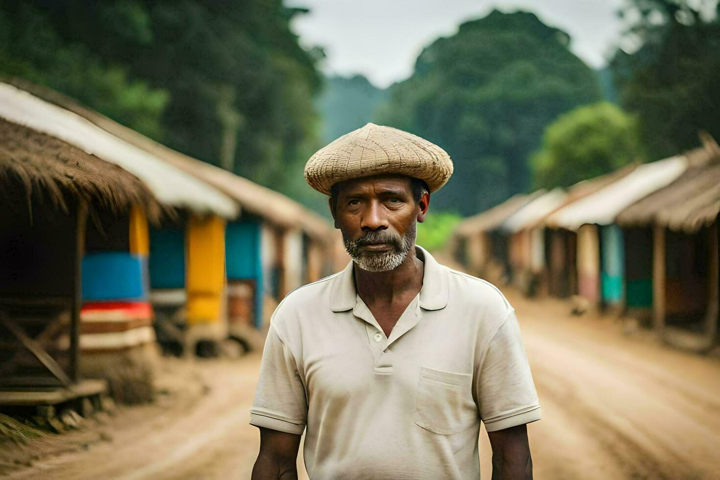 a man in a hat stands in front of a village. AI-Generated photo