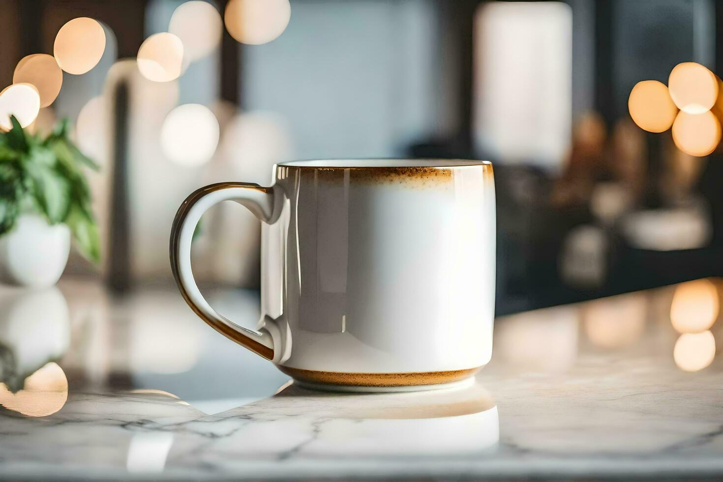 a white coffee mug on a marble counter. AI-Generated photo