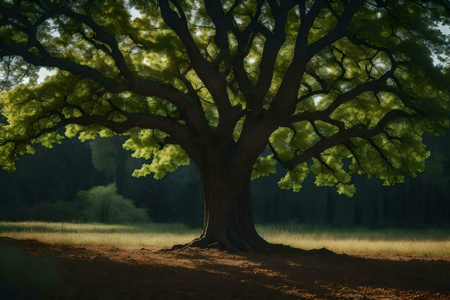 a large tree in the middle of a field. AI-Generated photo