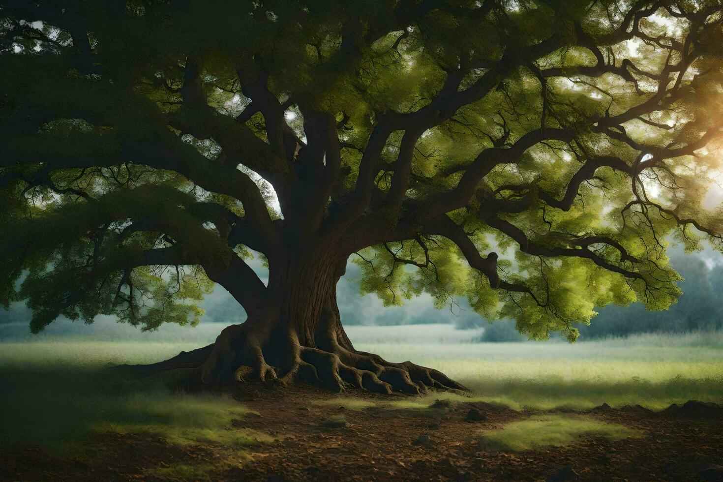 an old oak tree in the middle of a field. AI-Generated photo