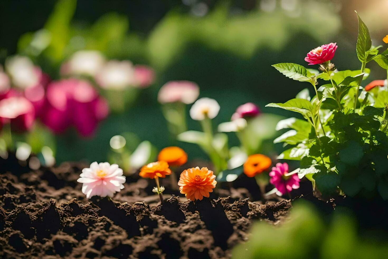 a garden with colorful flowers in the sun. AI-Generated photo