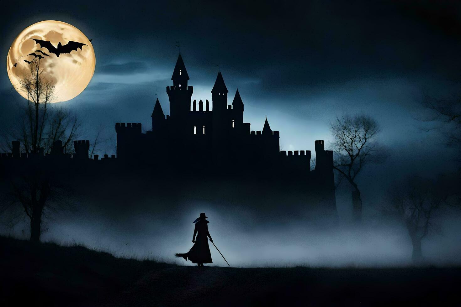 a witch walks through the fog at night with a castle in the background. AI-Generated photo