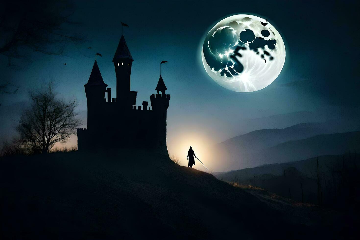 a castle in the night with a full moon. AI-Generated photo