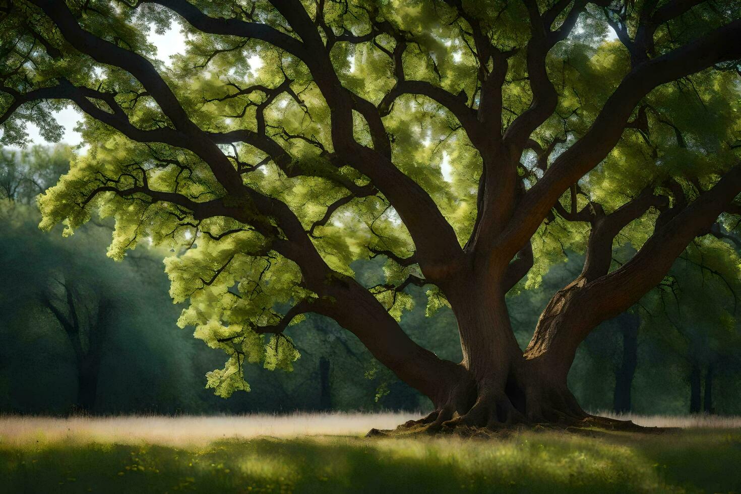 a large tree in the middle of a field. AI-Generated photo