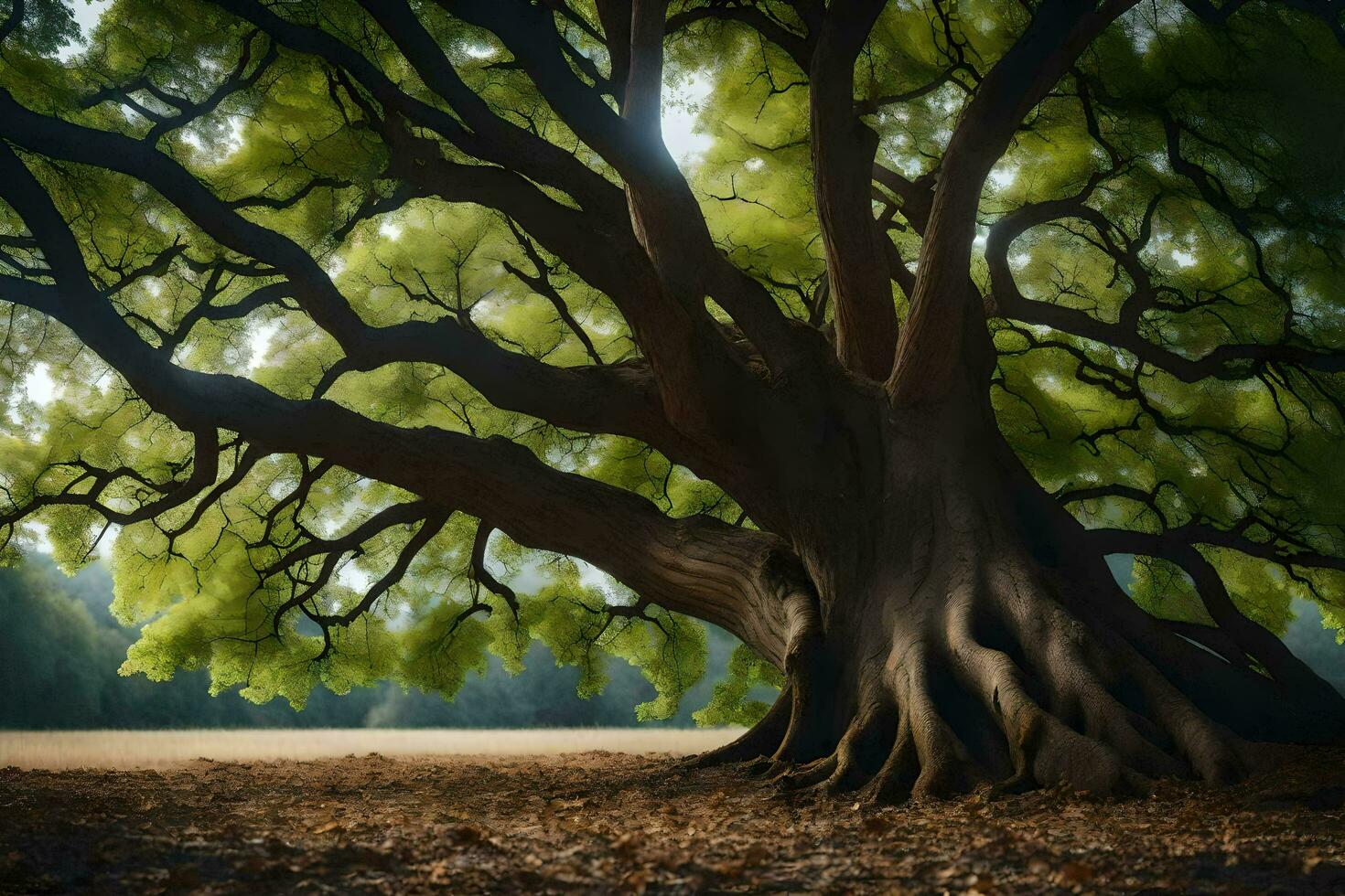 a large tree is shown in the middle of a field. AI-Generated photo