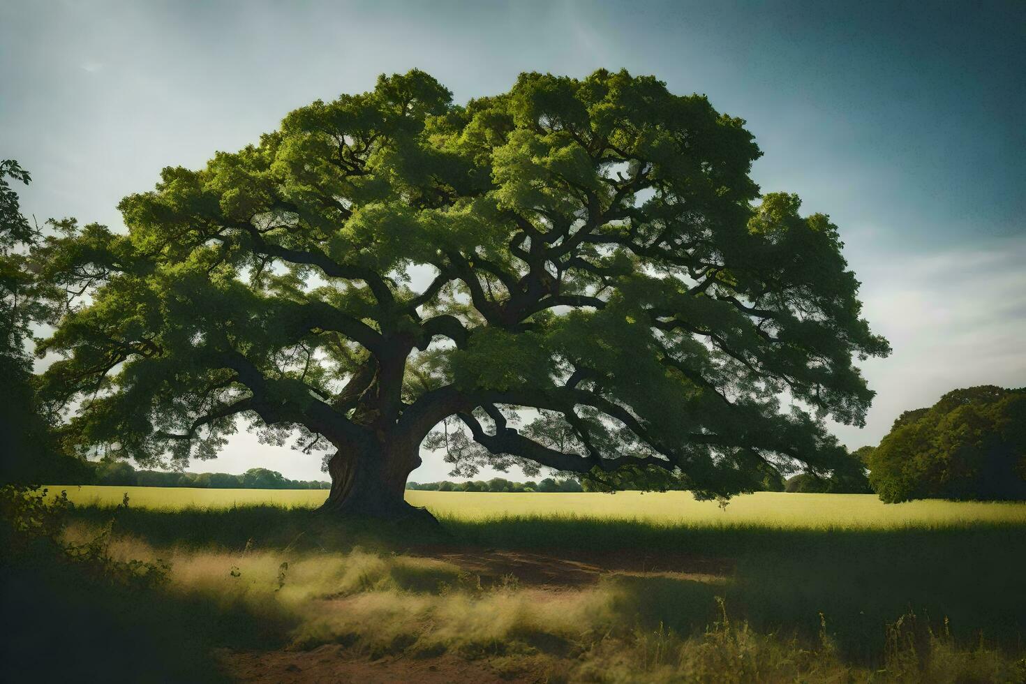 an oak tree in a field with a dirt road. AI-Generated photo