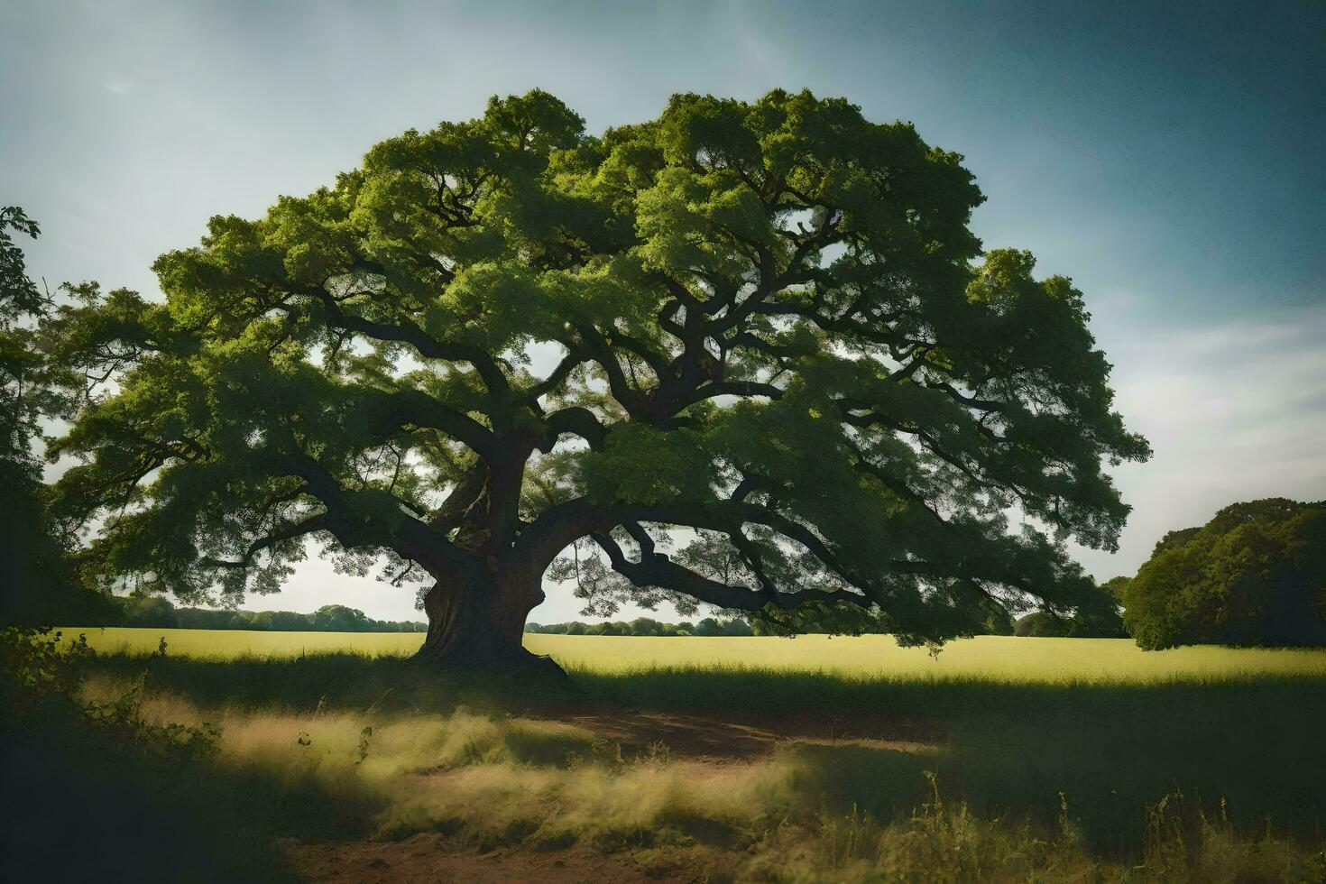 un roble árbol en un campo con un suciedad la carretera. generado por ai foto