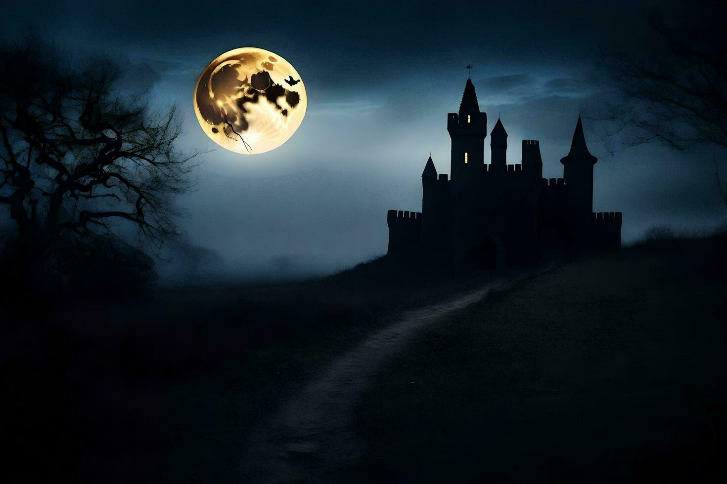 a castle in the dark with a full moon. AI-Generated photo