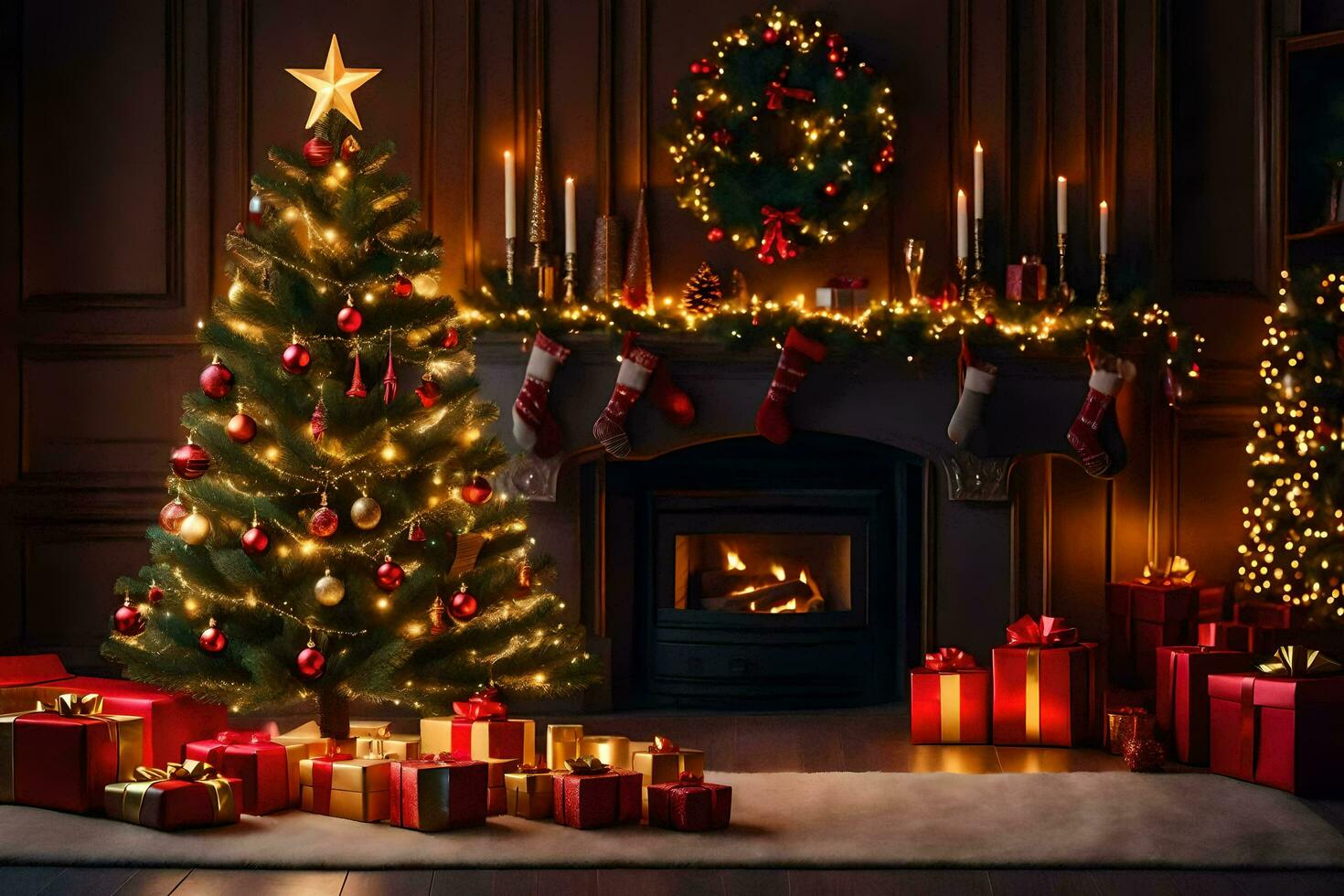 christmas tree and presents in front of fireplace. AI-Generated photo