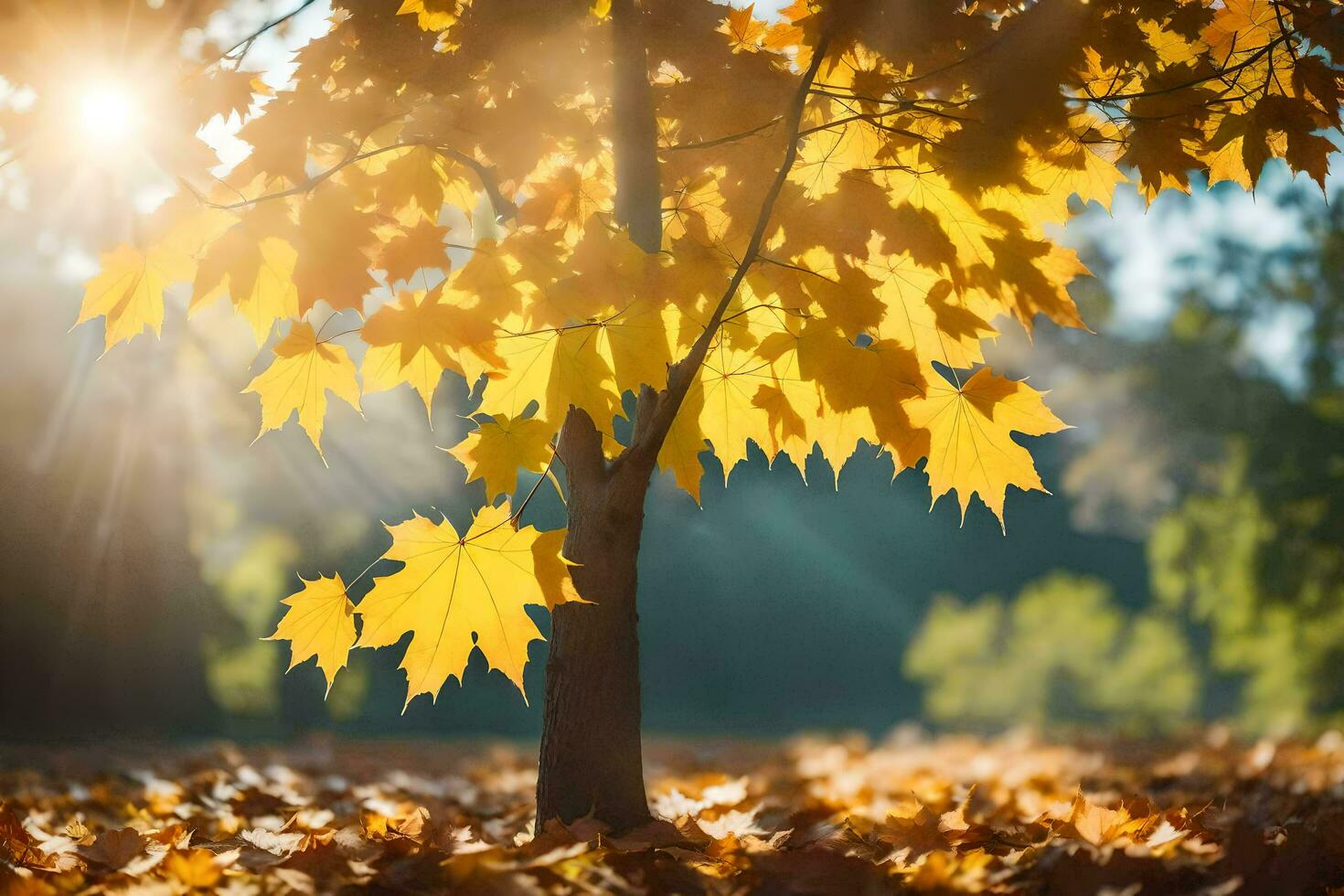 autumn leaves on the ground in front of a tree. AI-Generated photo