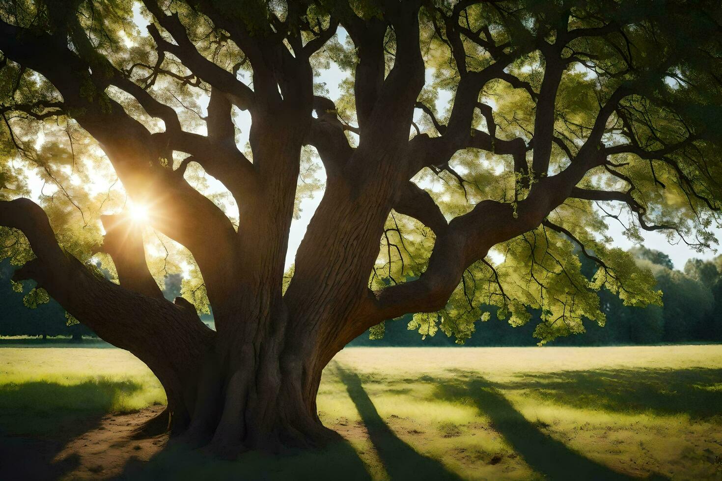 the sun shines through the branches of a large tree. AI-Generated photo
