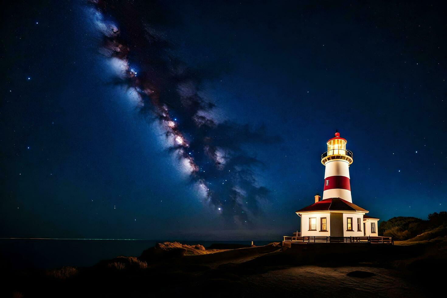 a lighthouse with a starry sky above it. AI-Generated photo
