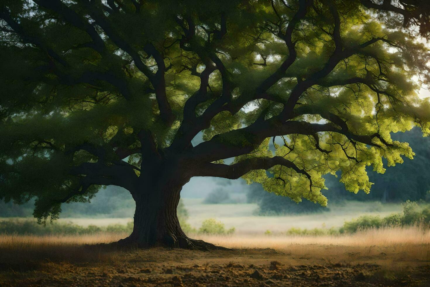 an oak tree in the middle of a field. AI-Generated photo