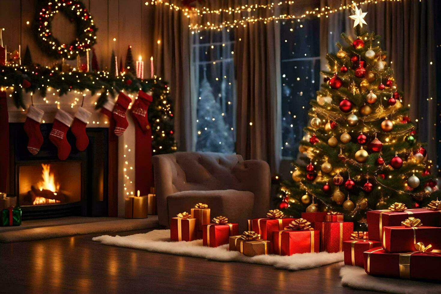 christmas tree in a living room with presents. AI-Generated photo