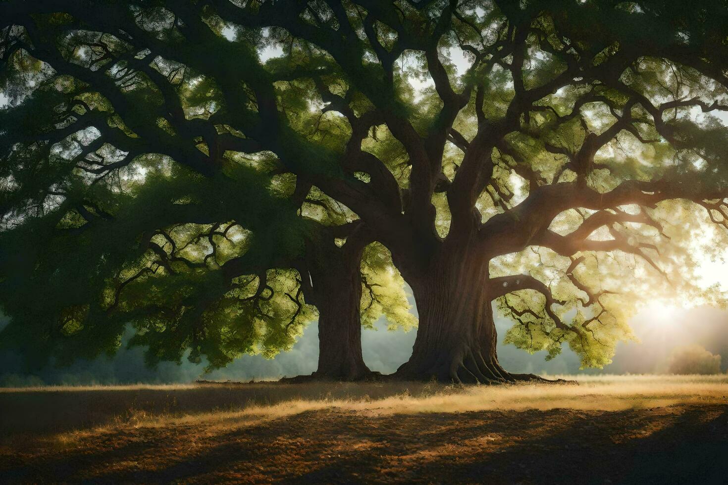 el Dom brilla mediante el ramas de un antiguo roble árbol. generado por ai foto