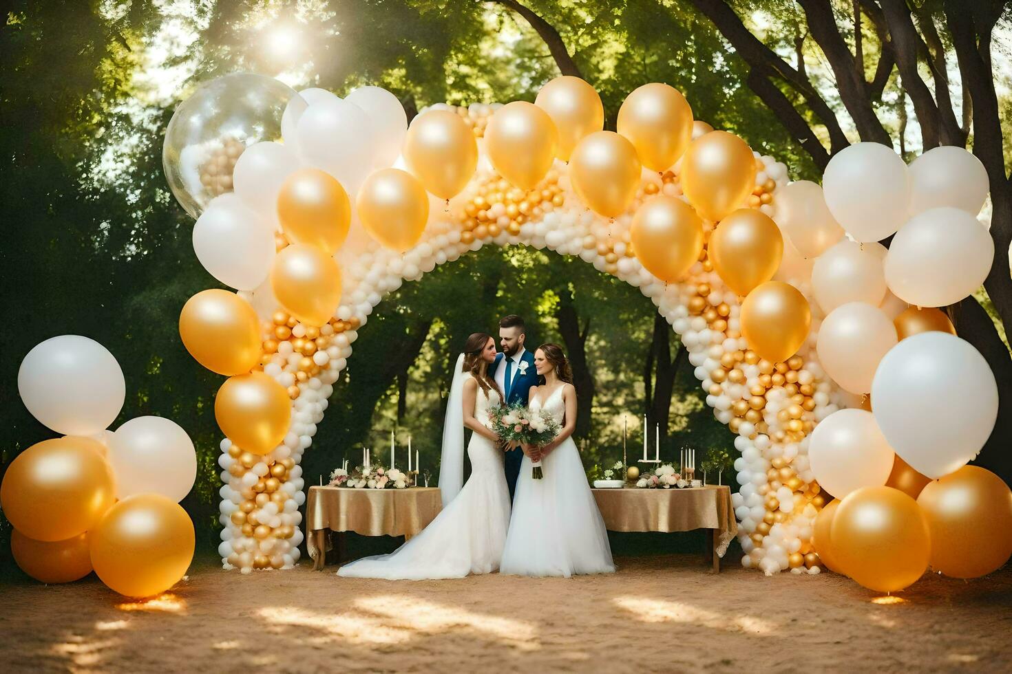 wedding couple under a golden arch with white and gold balloons. AI-Generated photo