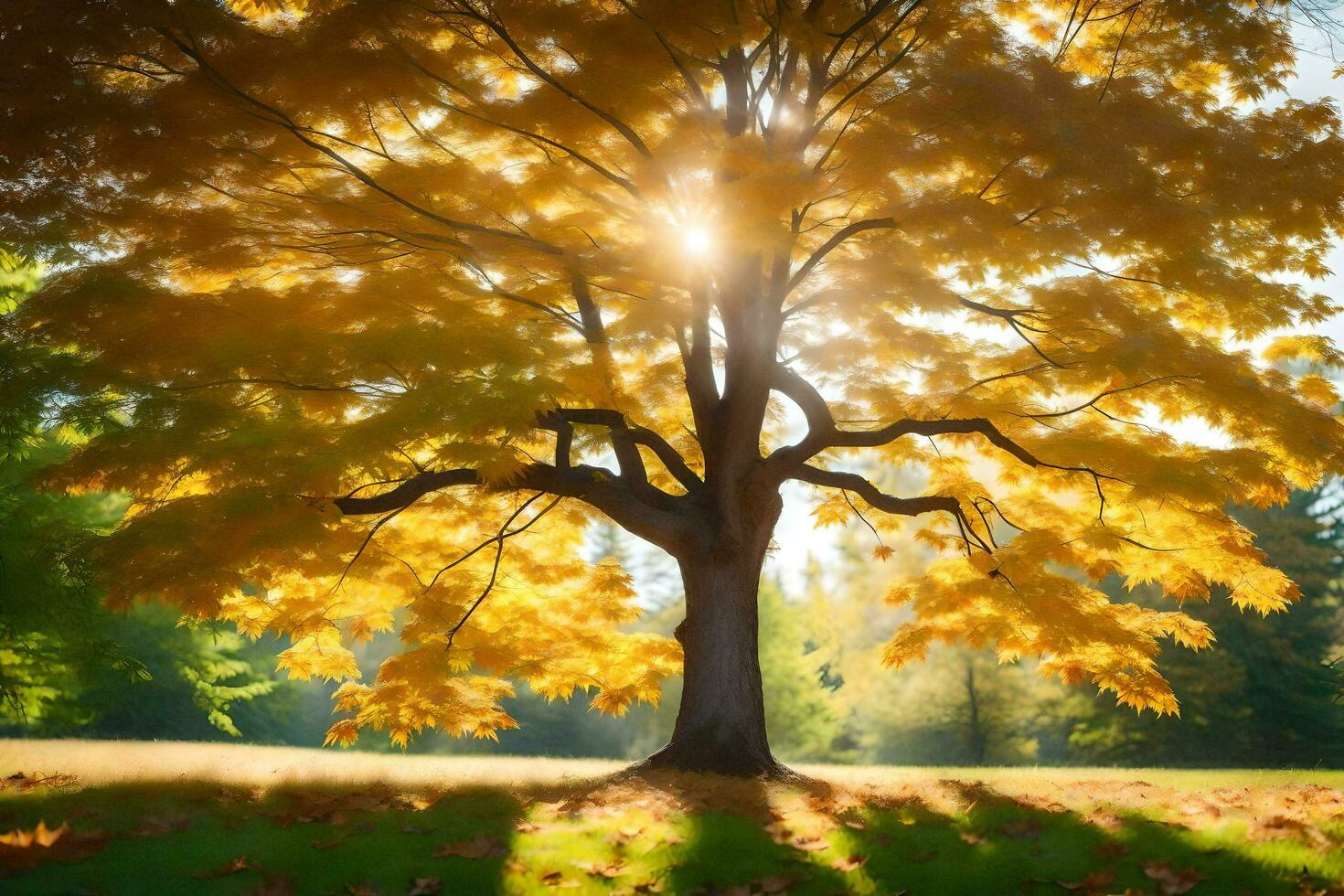 the sun shines through the leaves of a tree in the autumn. AI-Generated photo