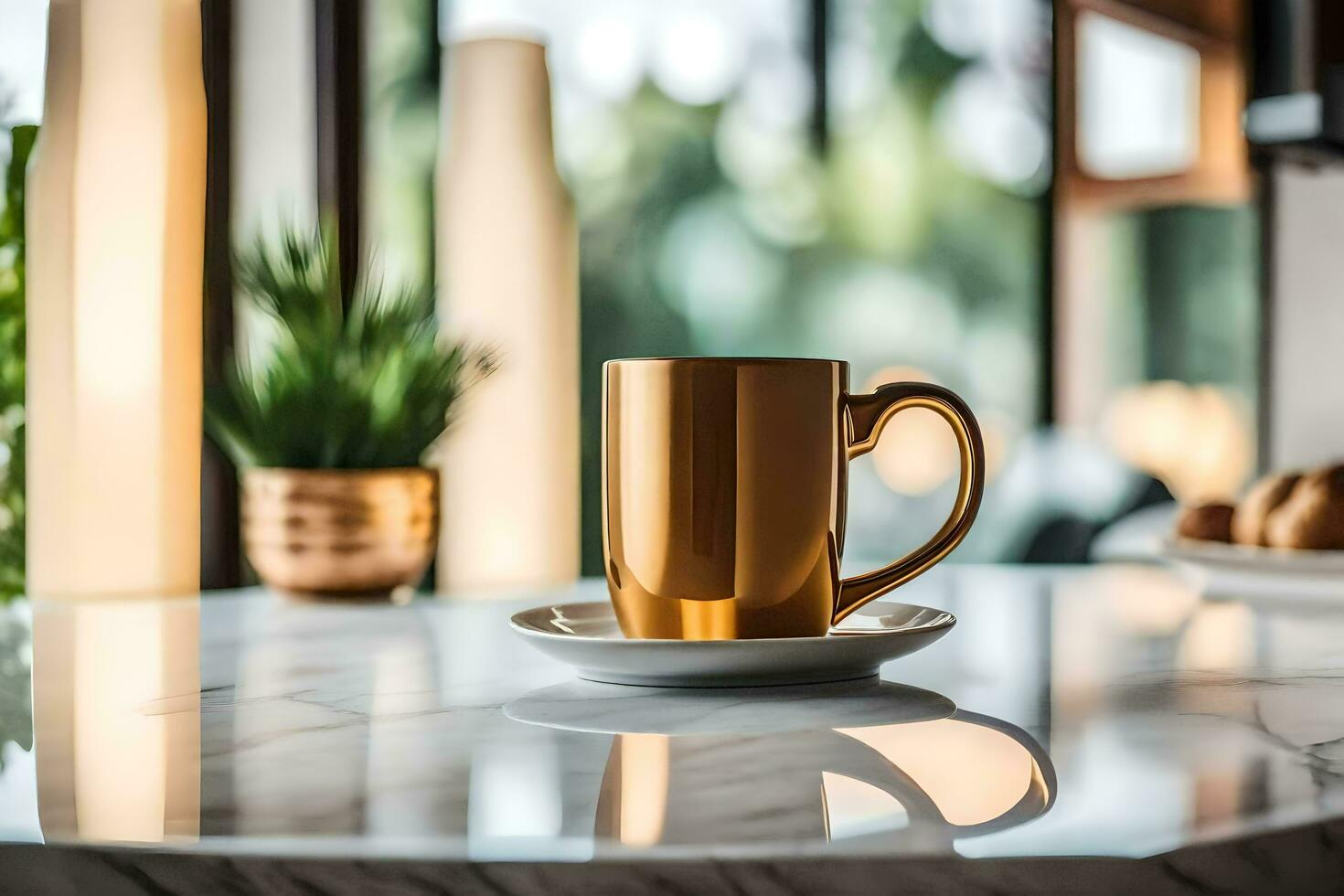 golden coffee cup on a marble counter. AI-Generated photo