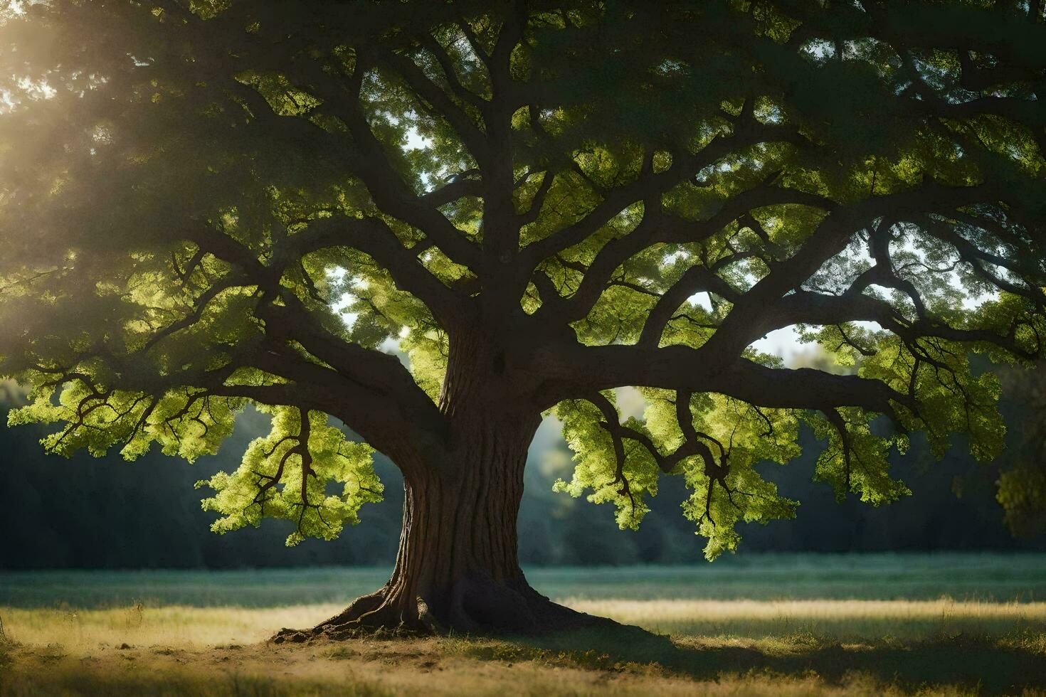 the sun shines through the leaves of a large tree. AI-Generated photo