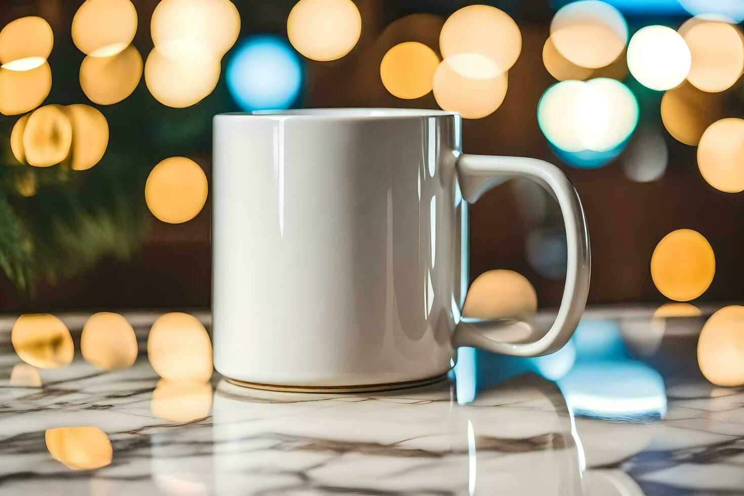 a white mug on a marble table with lights in the background. AI-Generated photo