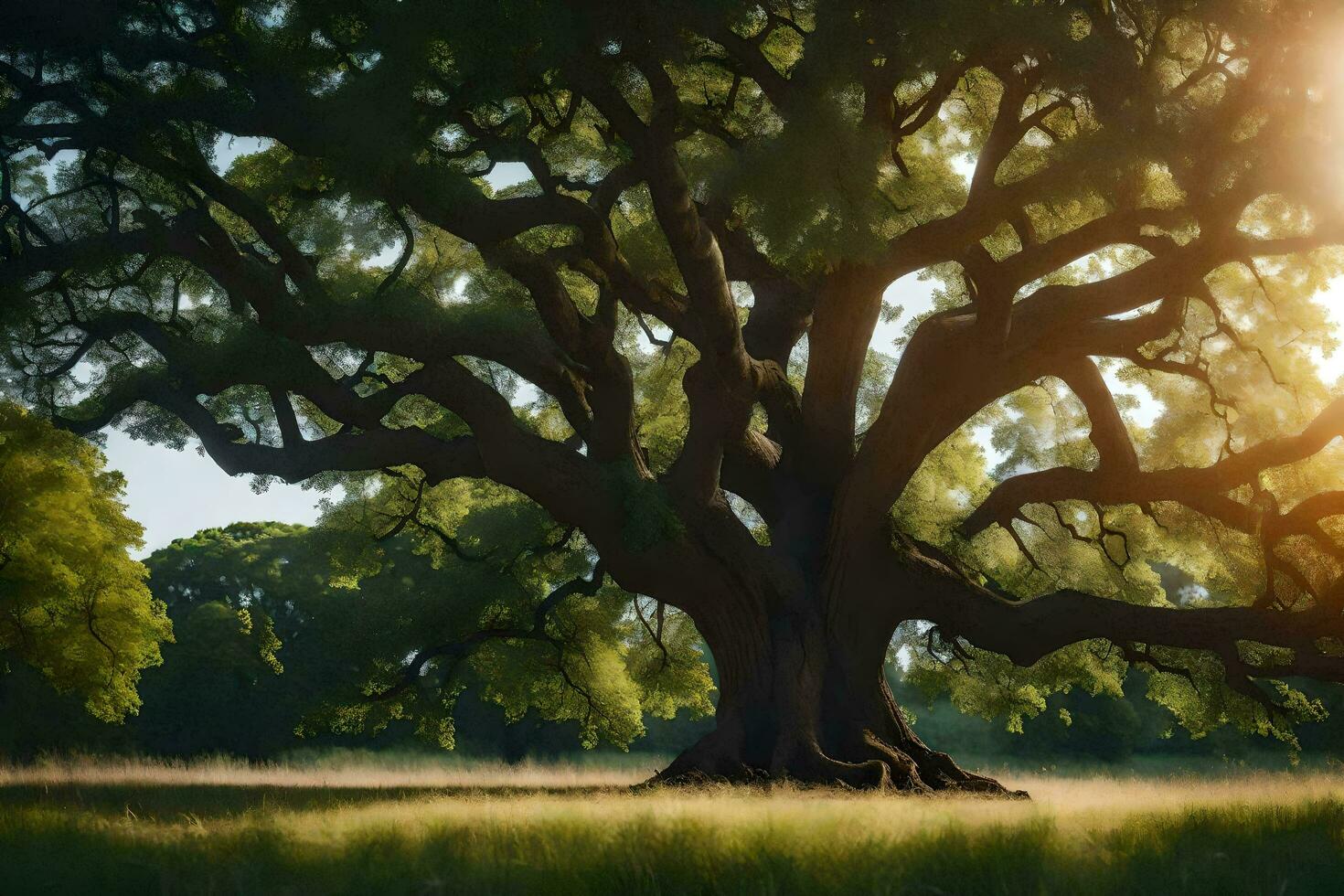 the sun shines through the leaves of an old oak tree. AI-Generated photo