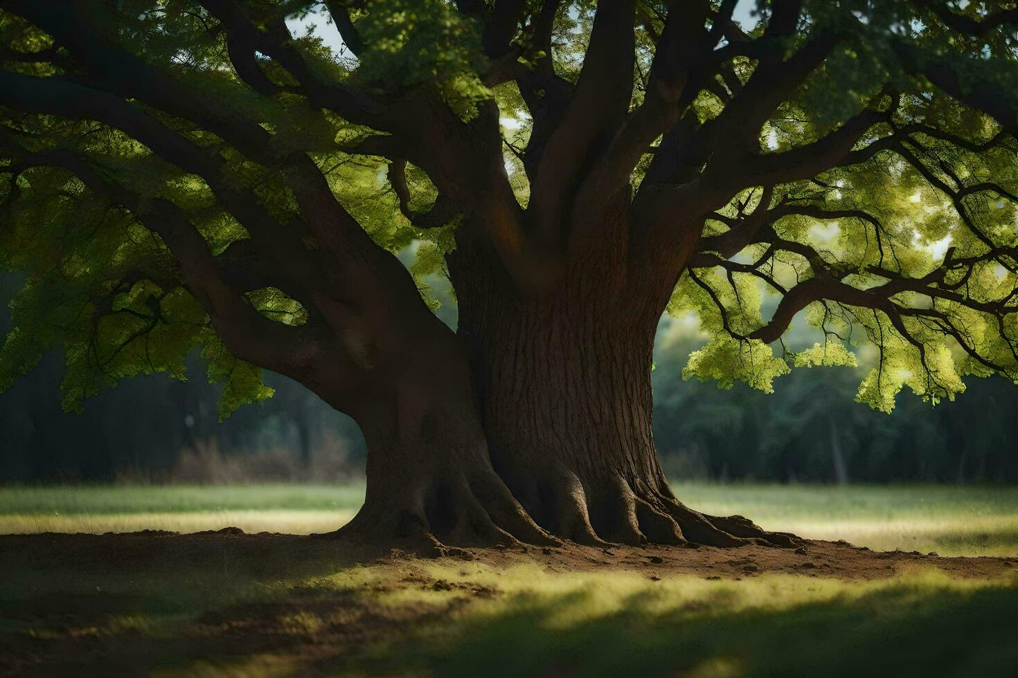 a large tree in the middle of a field. AI-Generated photo