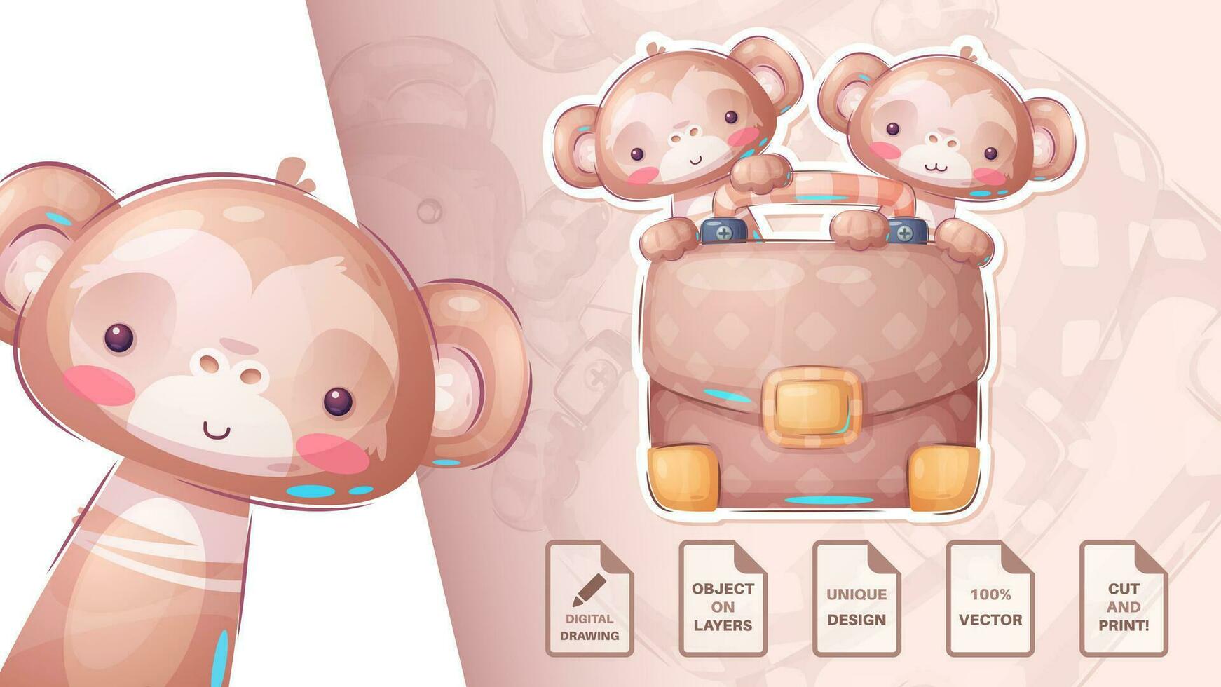 Sticker cartoon character adorable monkey, pretty animal idea for print t-shirt, poster and kids envelope, postcard. Cute hand drawn style diplomat vector
