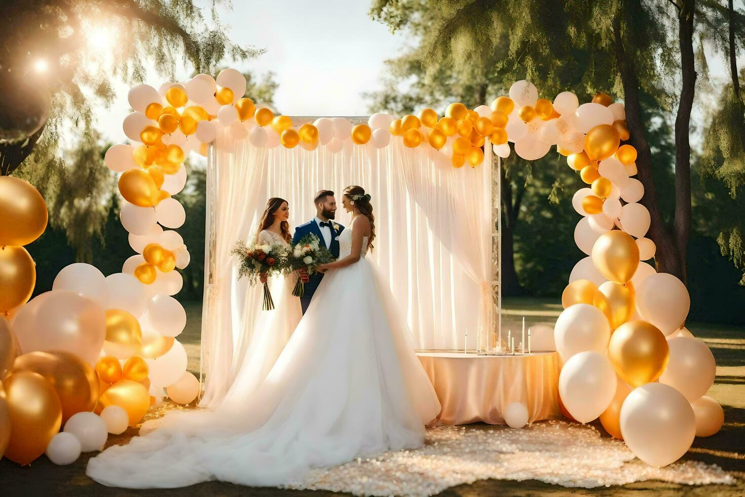 wedding couple under a golden and white balloon arch. AI-Generated photo