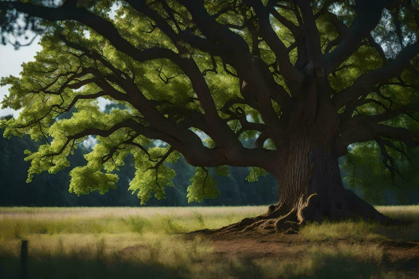 un antiguo roble árbol en un campo. generado por ai foto