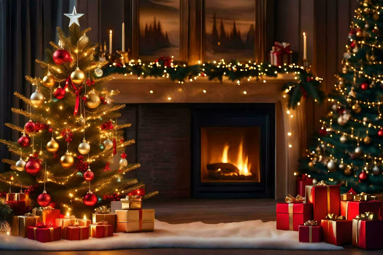 christmas tree in front of fireplace with presents. AI-Generated photo