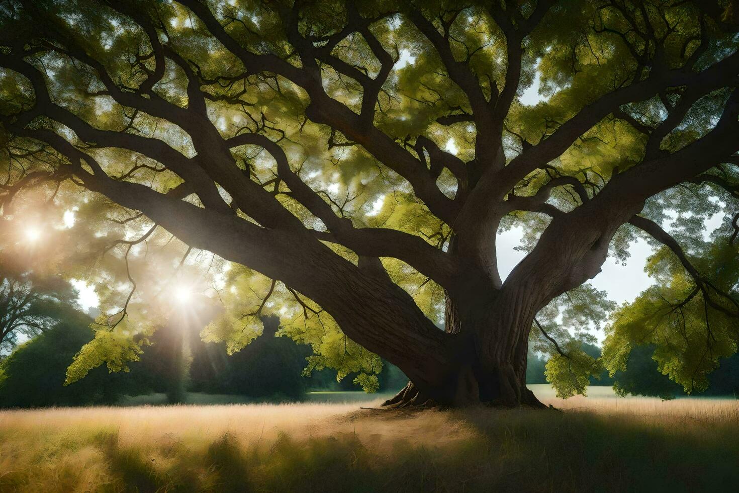 the sun shines through the branches of a large tree. AI-Generated photo