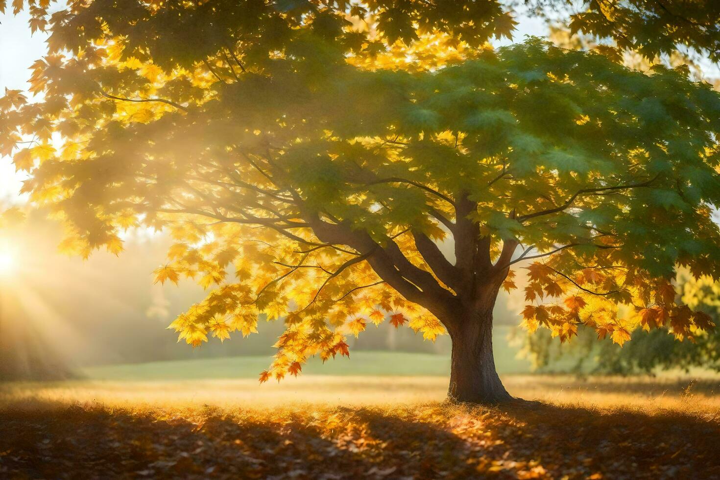 a tree in the sun with leaves falling. AI-Generated photo