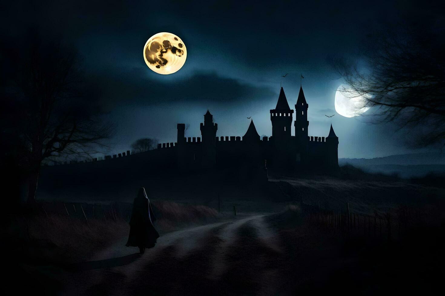 a castle in the dark with a full moon. AI-Generated photo