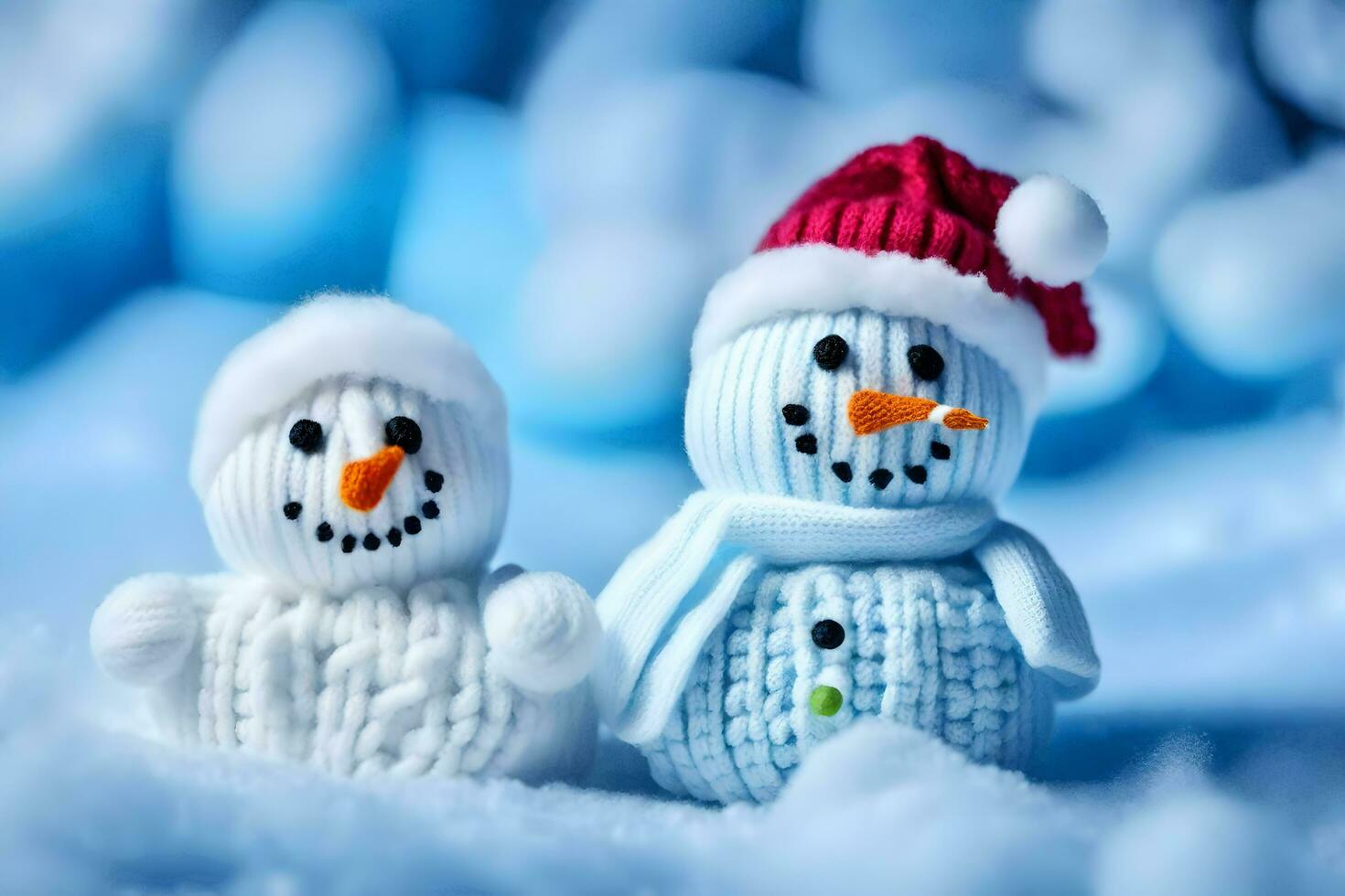 two snowmen are wearing knitted hats and scarves. AI-Generated photo