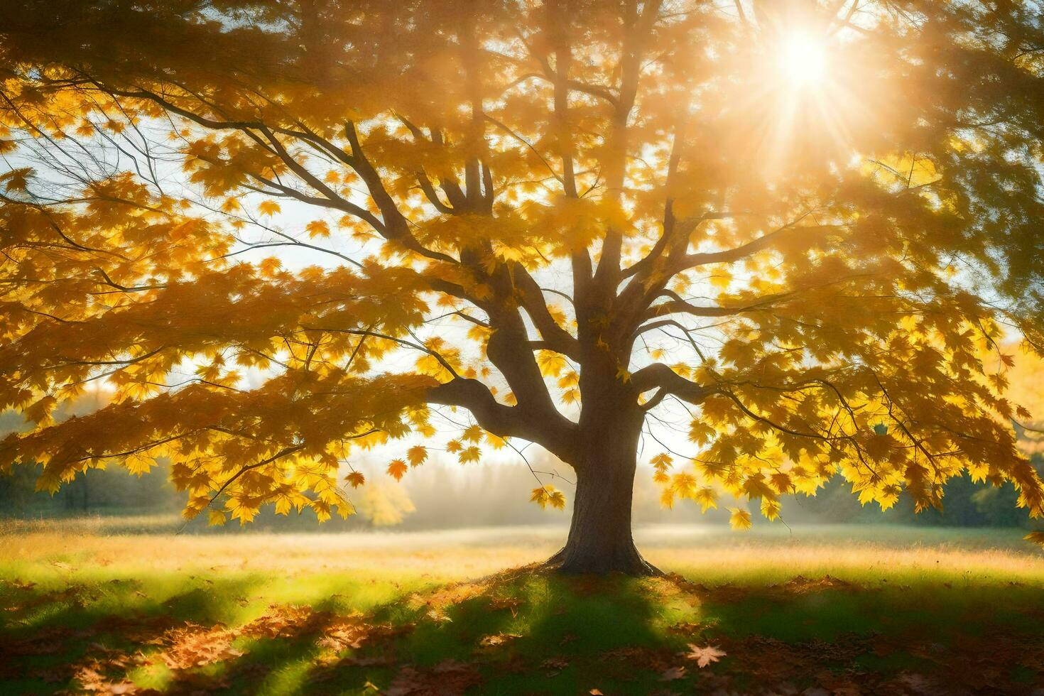 the sun shines through the leaves of a tree in the autumn. AI-Generated photo