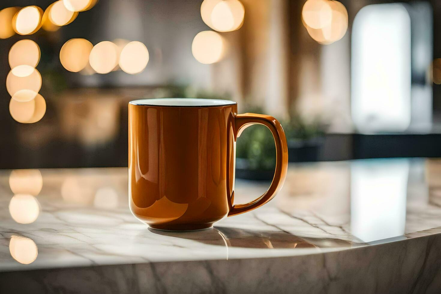 an orange coffee mug on a marble counter. AI-Generated photo