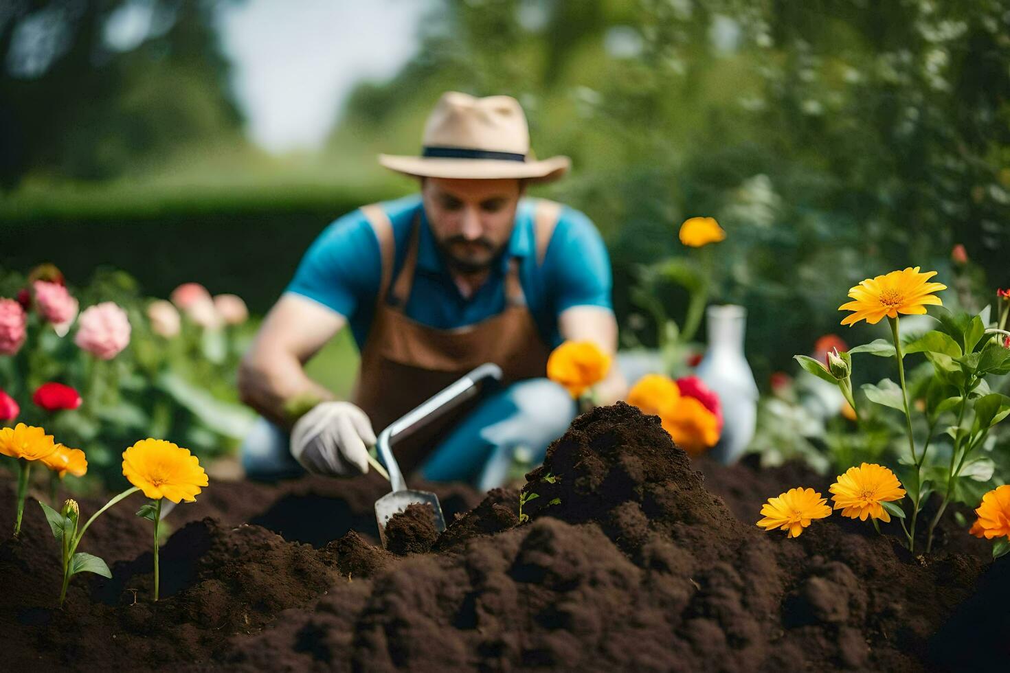 a man is digging in the garden with a shovel. AI-Generated photo