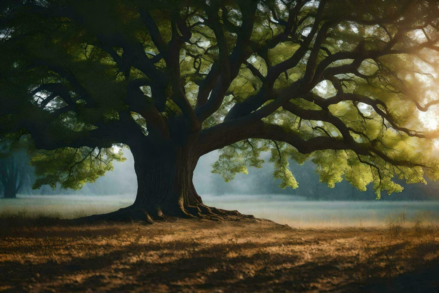 the sun shines through the trees in front of a large oak tree. AI-Generated photo