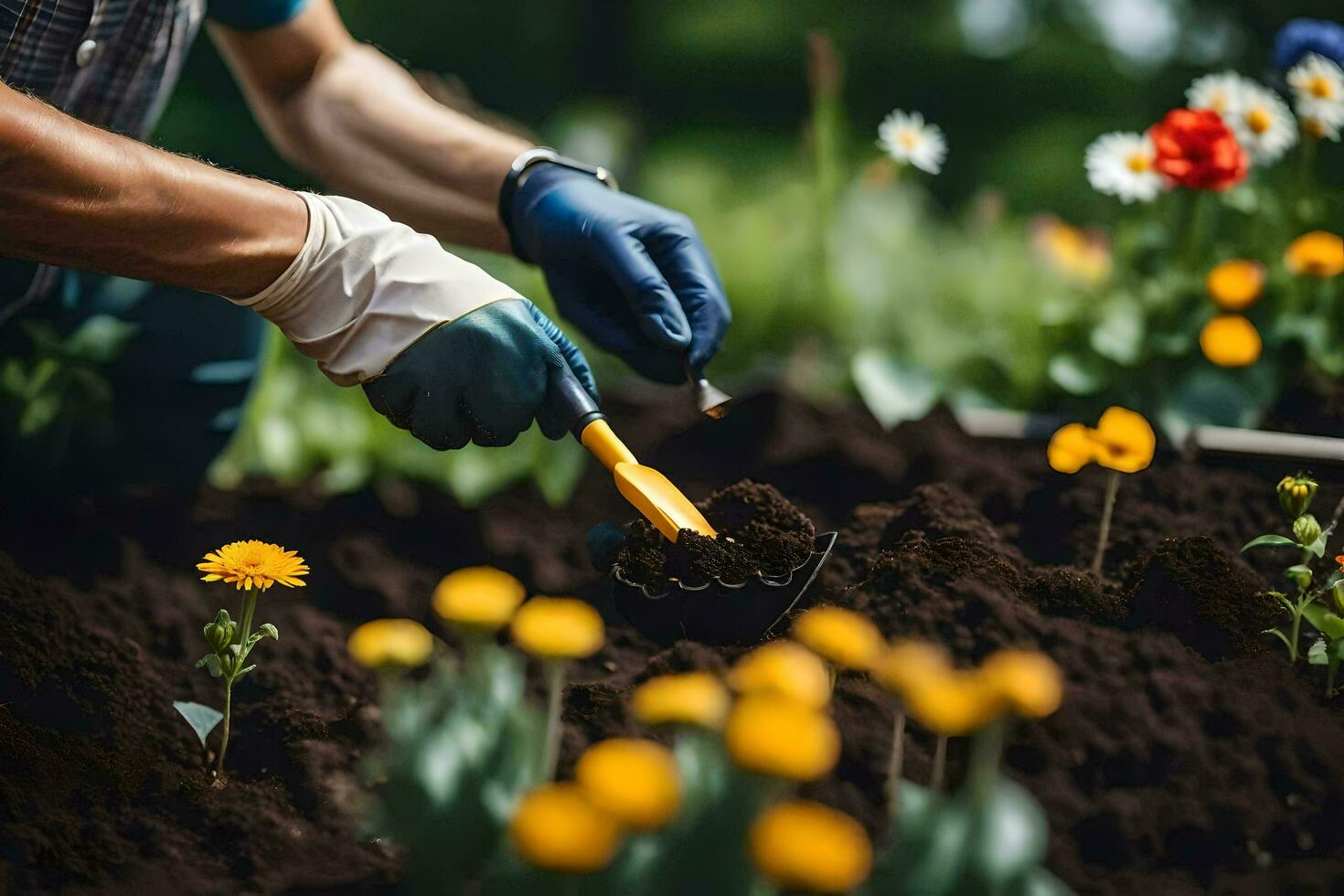 a man is digging in the dirt with a gardening tool. AI-Generated photo