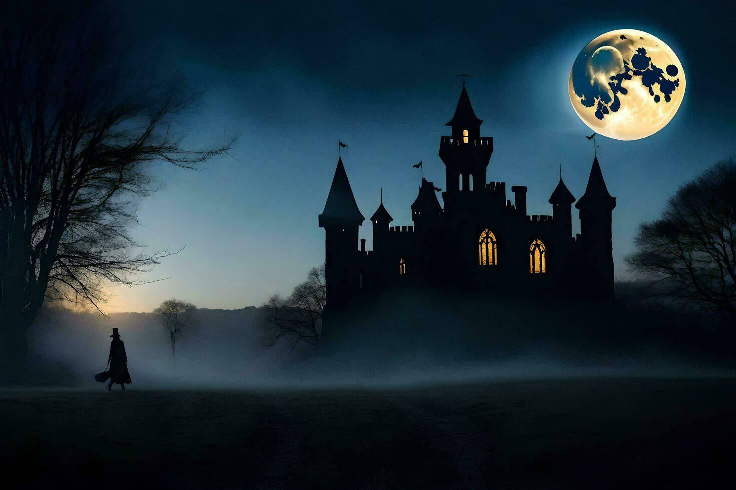 a man is walking in front of a castle at night. AI-Generated photo