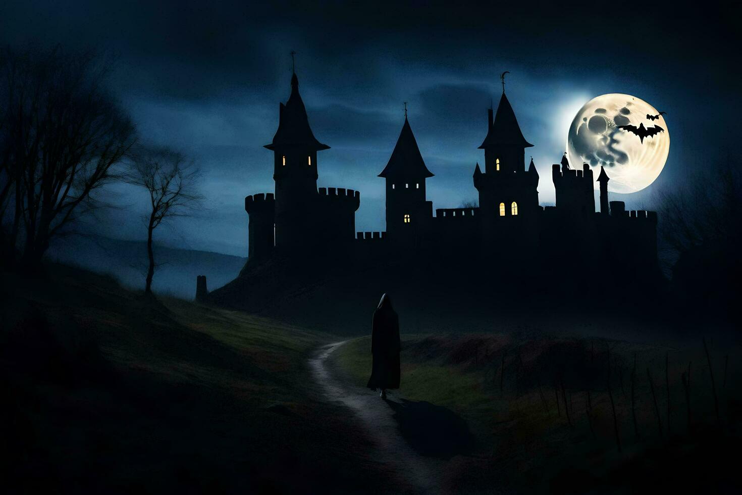 a castle in the dark with a full moon. AI-Generated photo