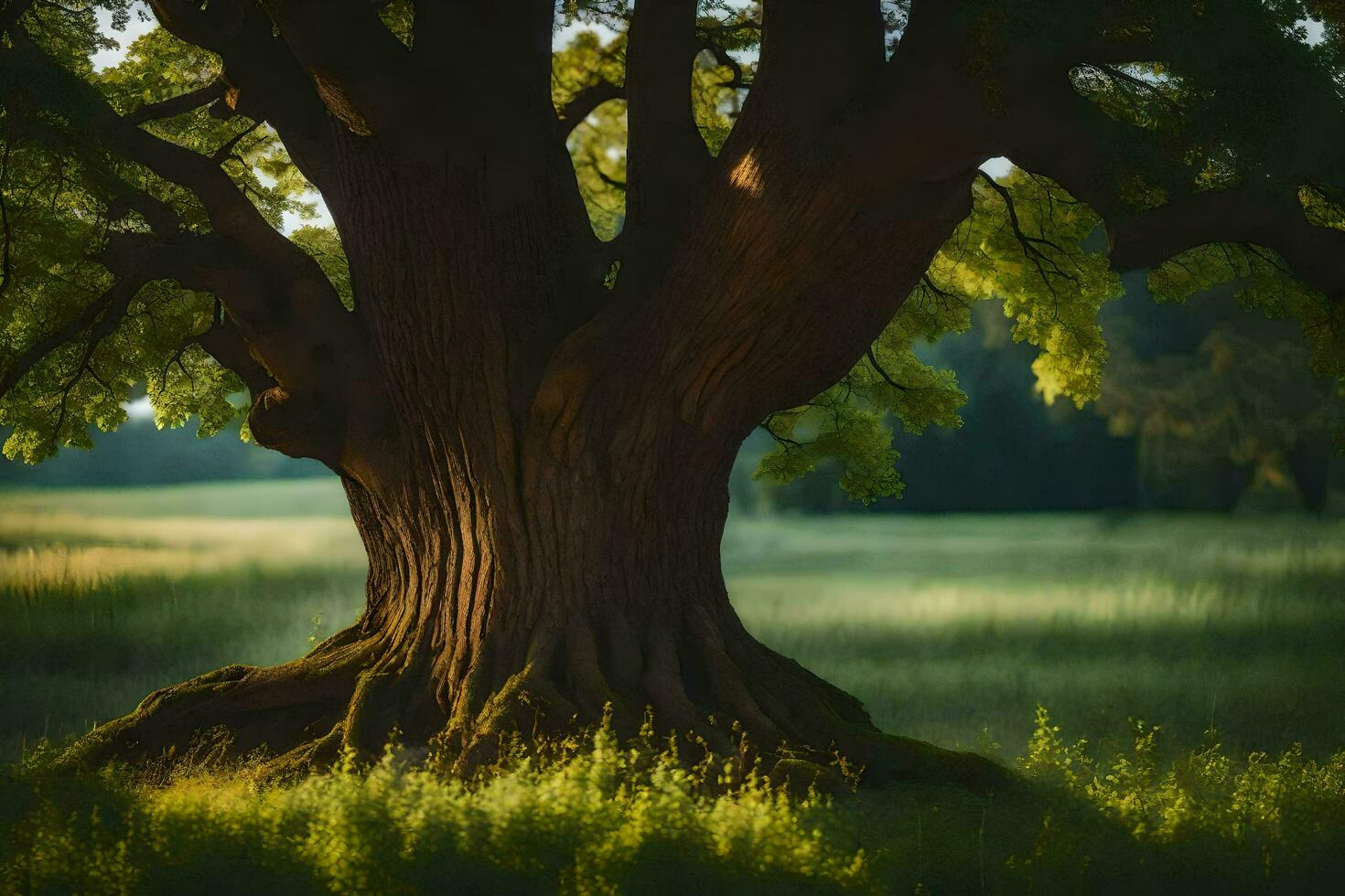 un grande roble árbol en el medio de un campo. generado por ai foto