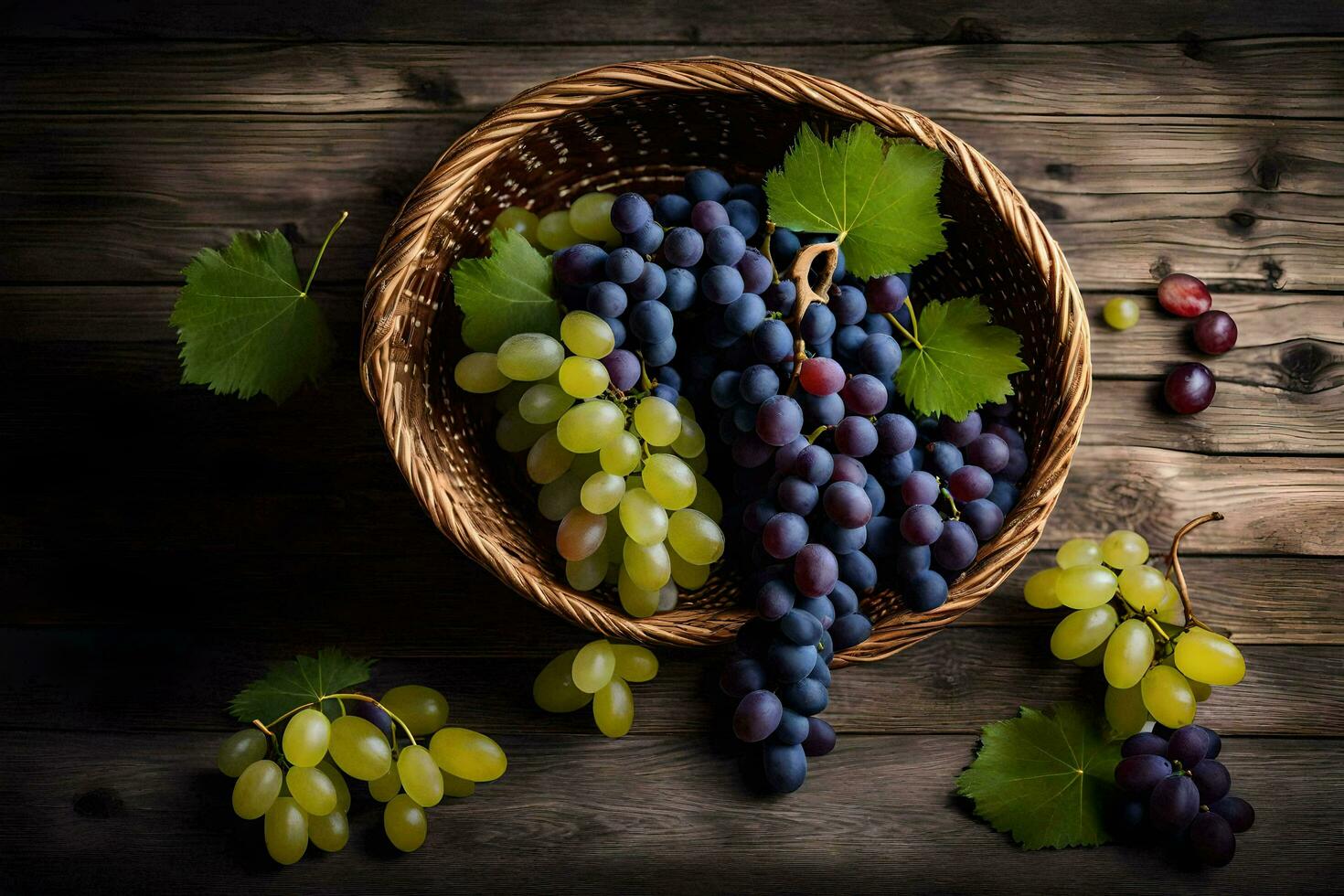 grapes in a basket on a wooden table. AI-Generated photo