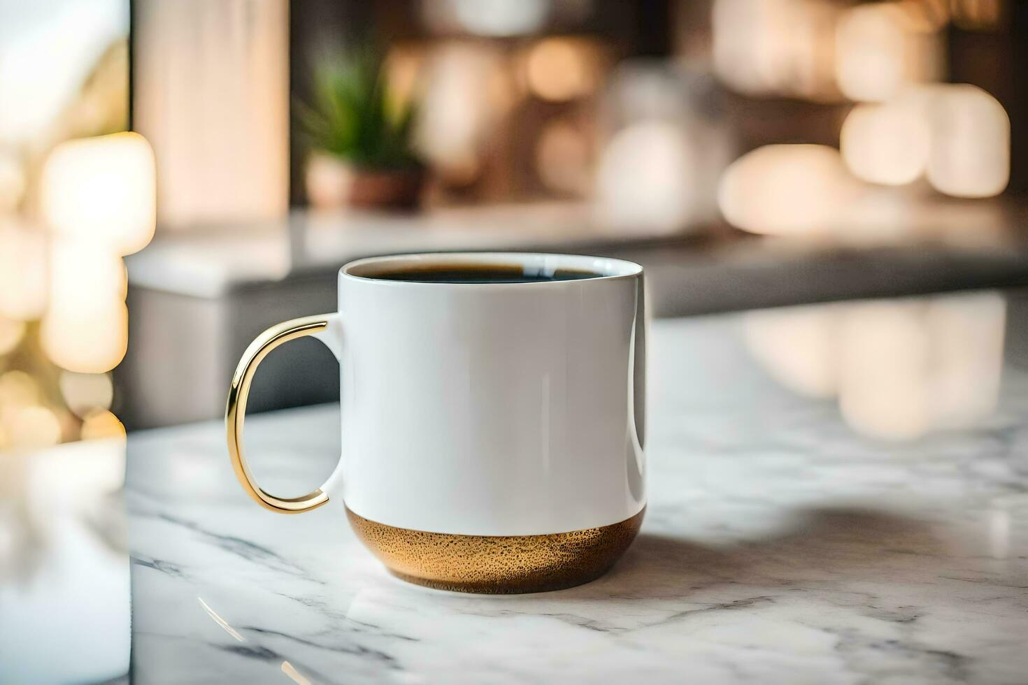 golden coffee mug mockup on a marble counter. AI-Generated photo