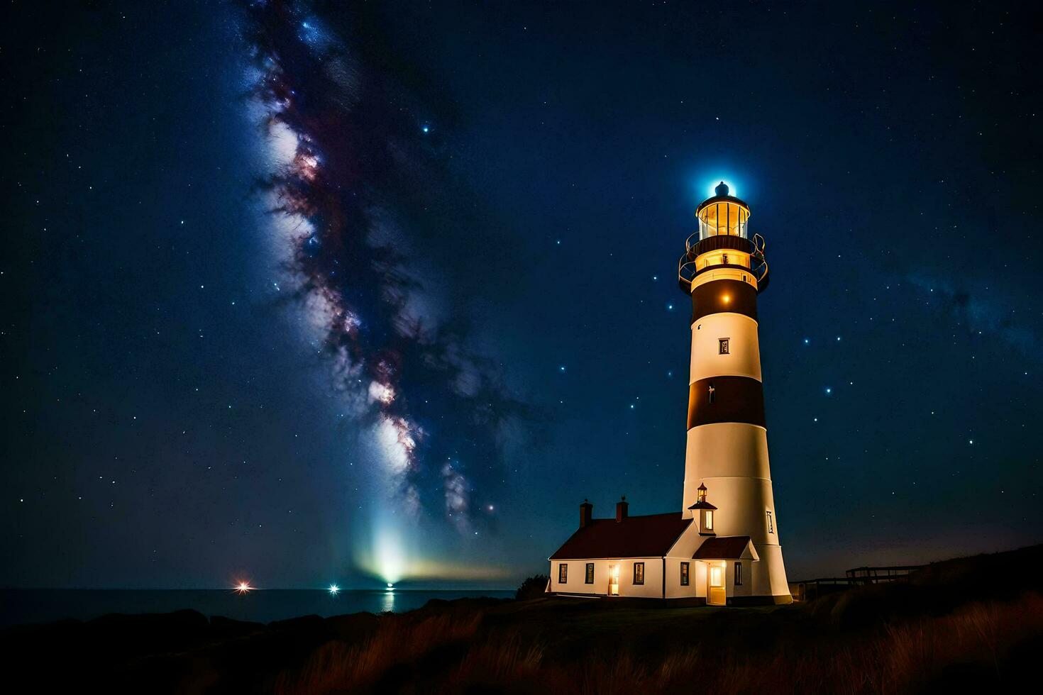 a lighthouse with stars in the sky and a milky way. AI-Generated photo