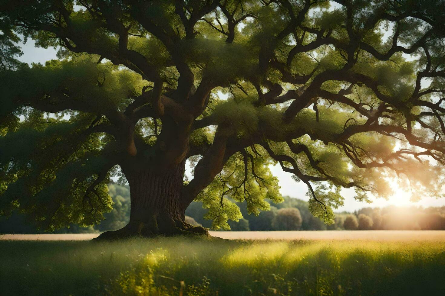 the sun shines through the leaves of an oak tree. AI-Generated photo