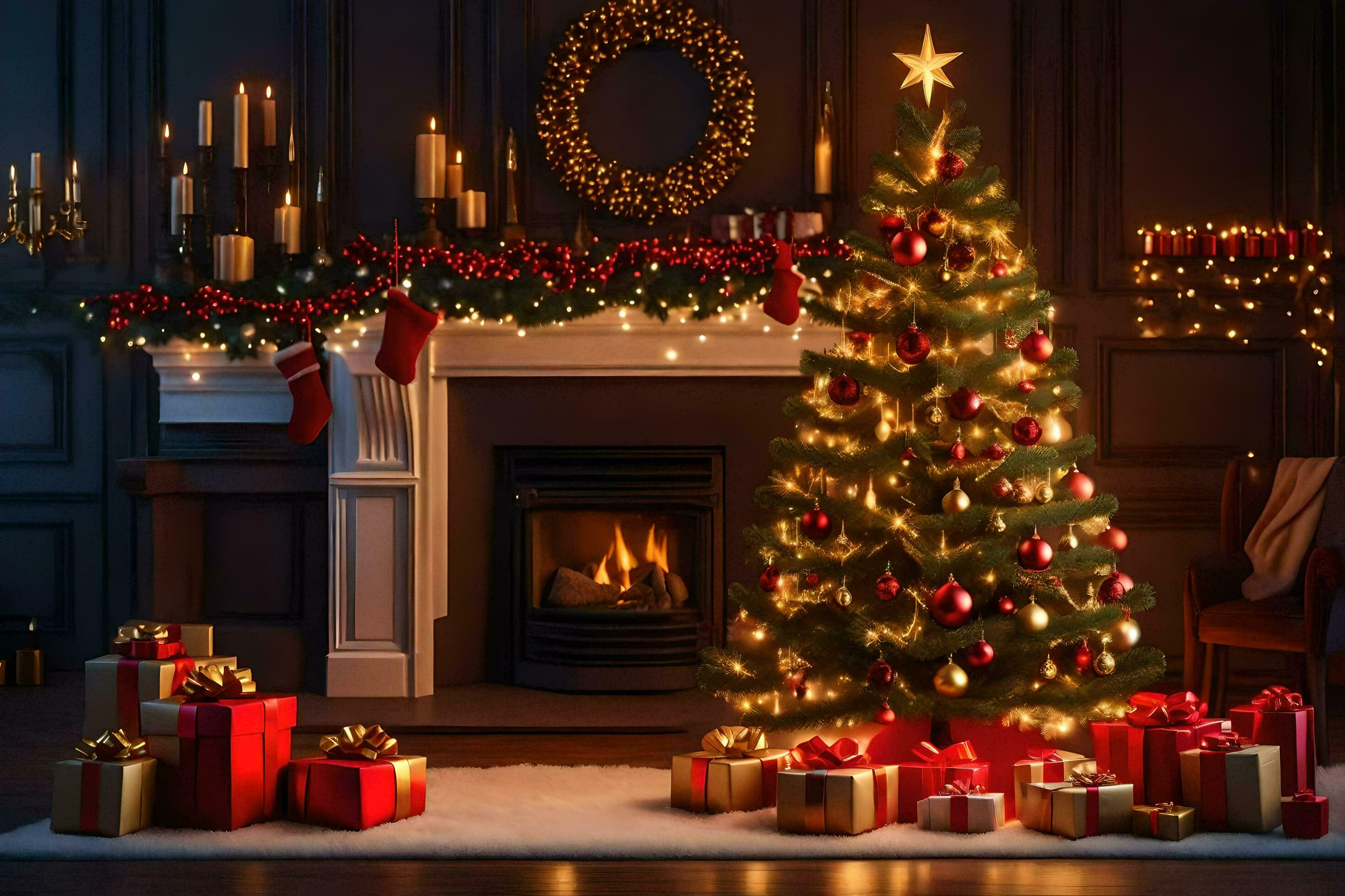 christmas tree in front of fireplace with presents. AI-Generated ...