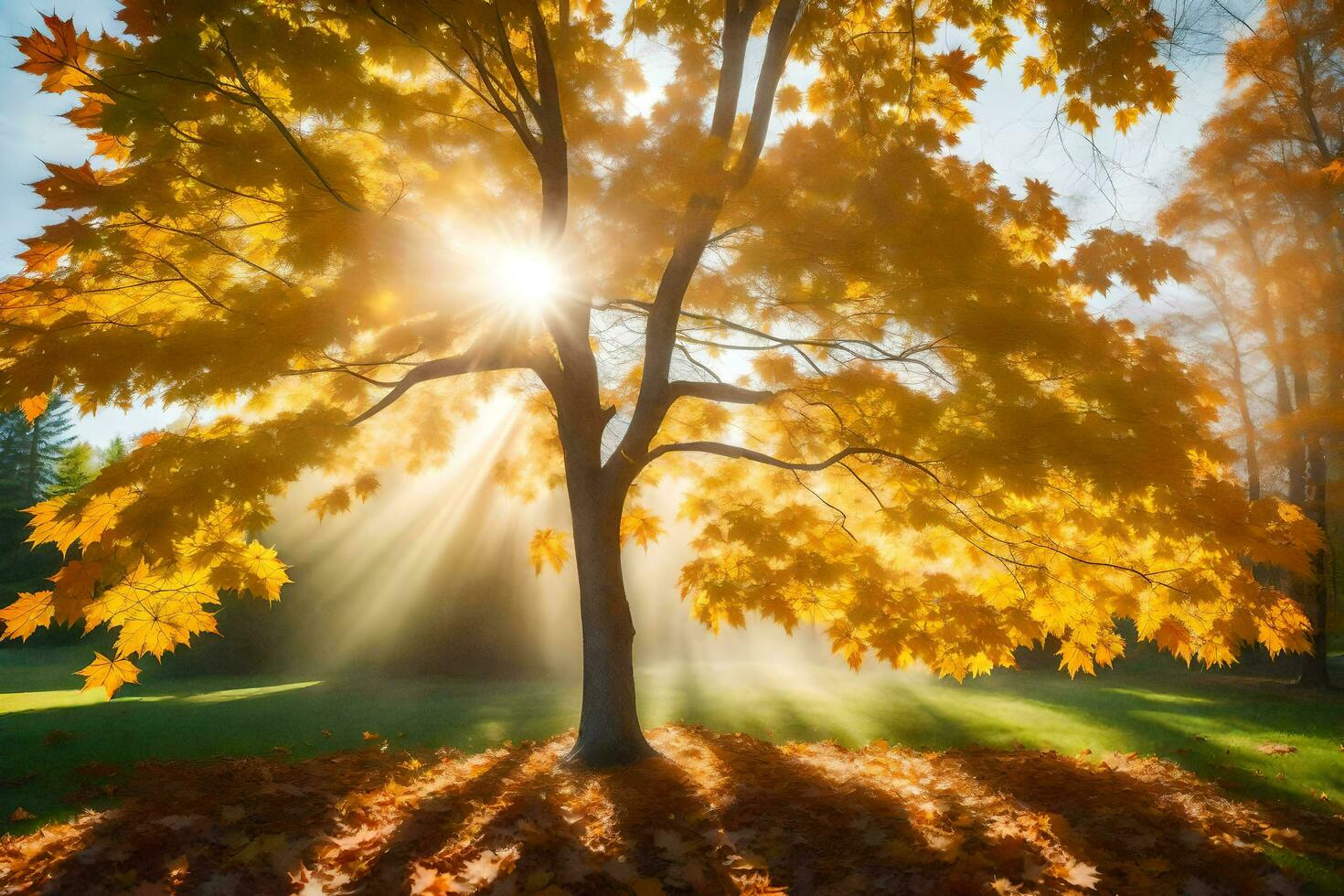the sun shines through the leaves of an autumn tree. AI-Generated photo